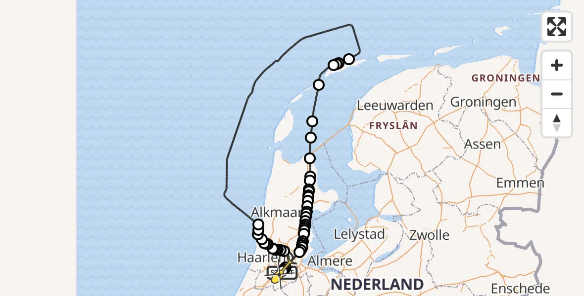 Routekaart van de vlucht: Politieheli naar Schiphol