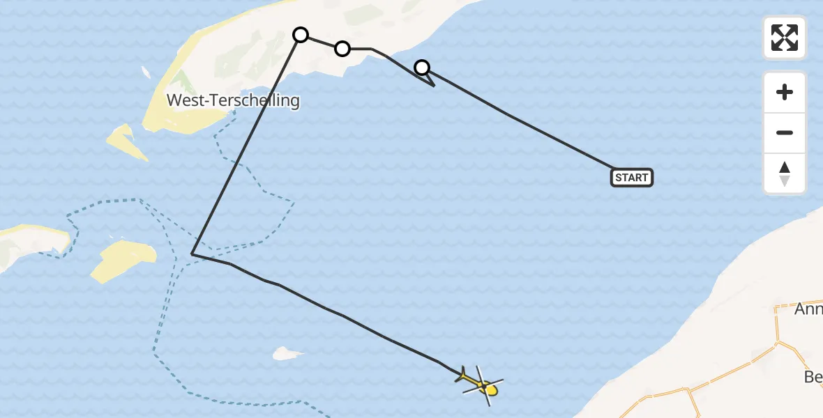 Routekaart van de vlucht: Ambulanceheli naar West-Terschelling