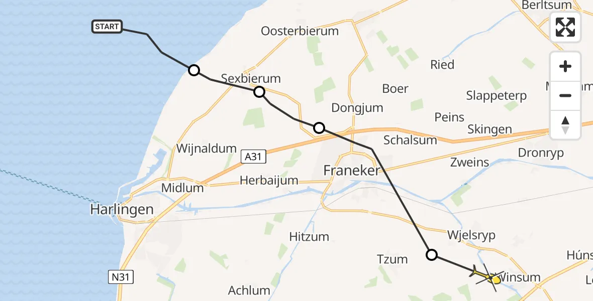 Routekaart van de vlucht: Ambulanceheli naar Winsum