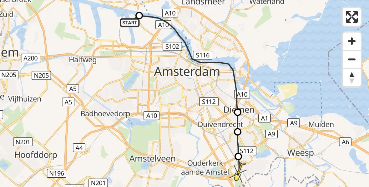 Routekaart van de vlucht: Lifeliner 1 naar Academisch Medisch Centrum (AMC)