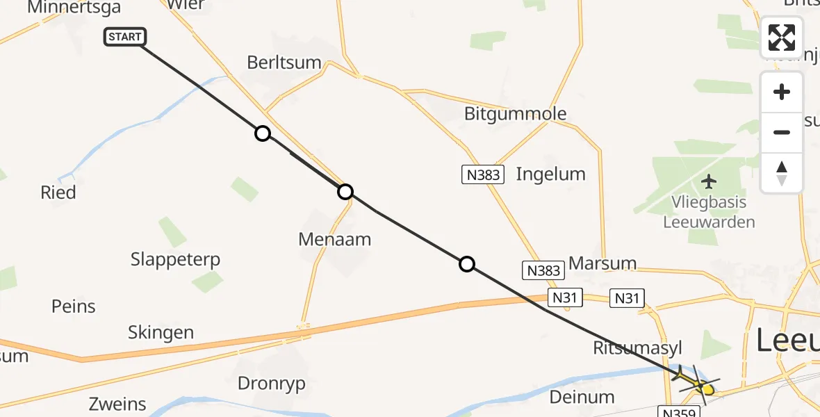 Vluchtroute Ambulancehelikopter van Minnertsga naar Leeuwarden