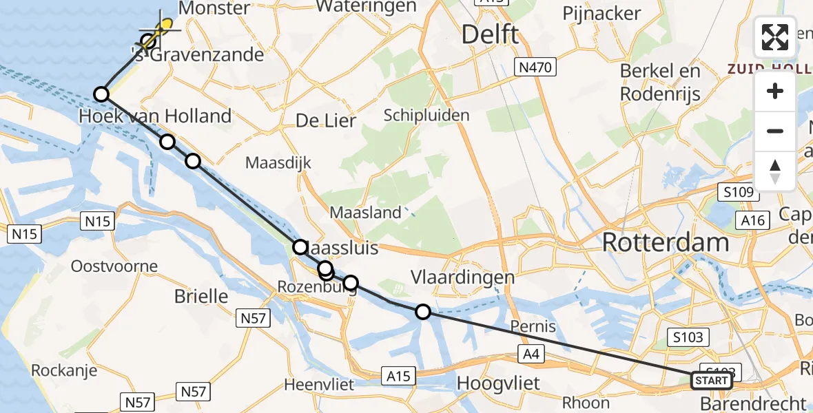 Routekaart van de vlucht: Politieheli naar 's-Gravenzande