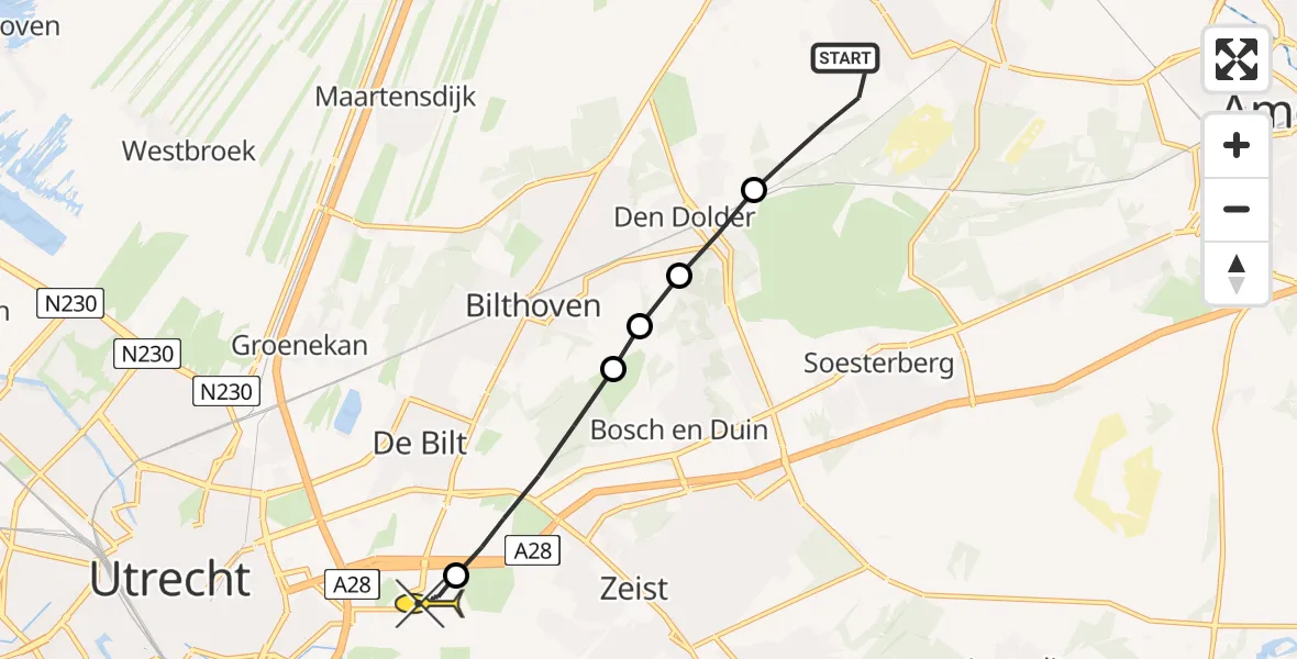 Routekaart van de vlucht: Lifeliner 1 naar Universitair Medisch Centrum Utrecht