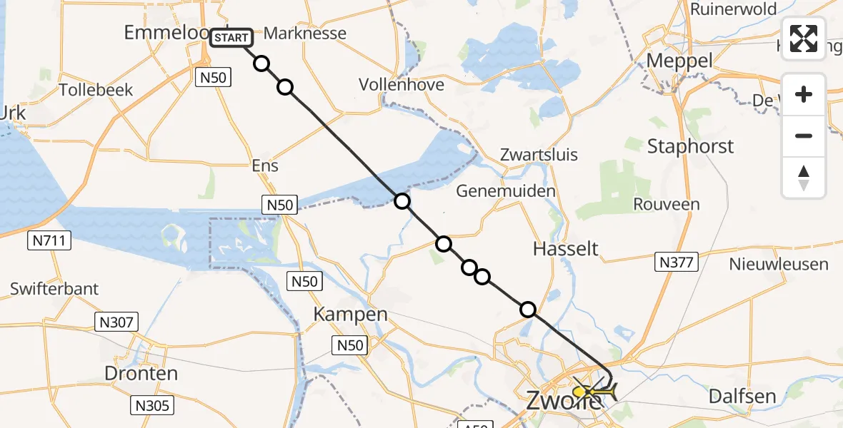 Routekaart van de vlucht: Lifeliner 4 naar Zwolle