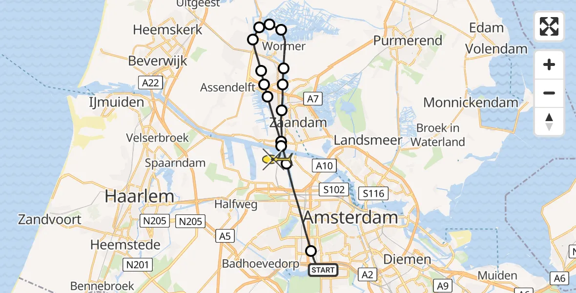 Routekaart van de vlucht: Lifeliner 1 naar Amsterdam Heliport