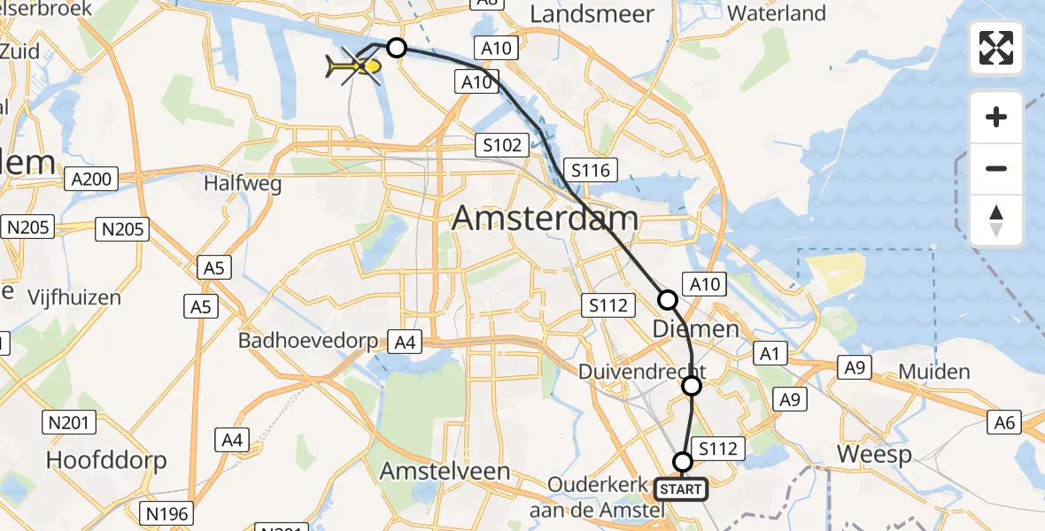 Routekaart van de vlucht: Lifeliner 1 naar Amsterdam Heliport