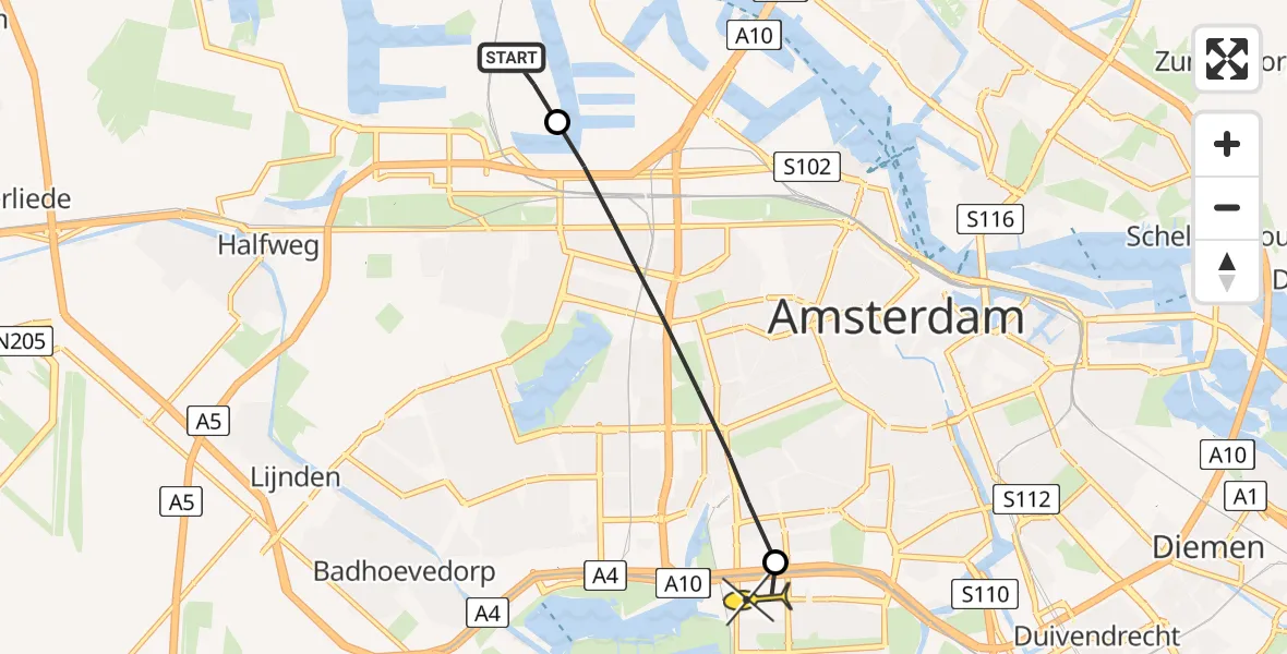 Routekaart van de vlucht: Lifeliner 1 naar VU Medisch Centrum Amsterdam