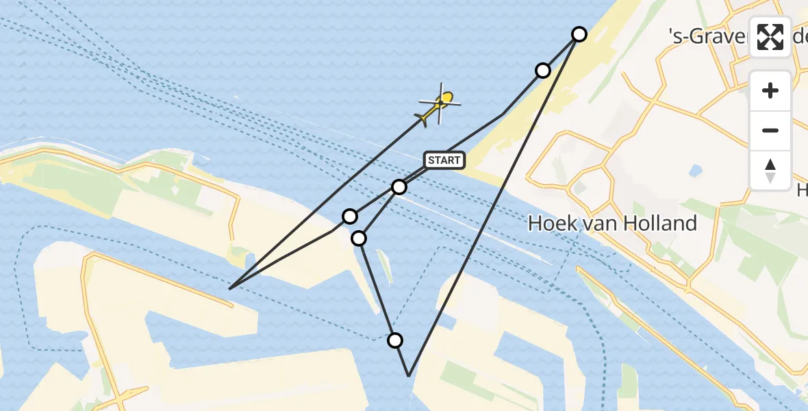 Routekaart van de vlucht: Politieheli naar Hoek van Holland