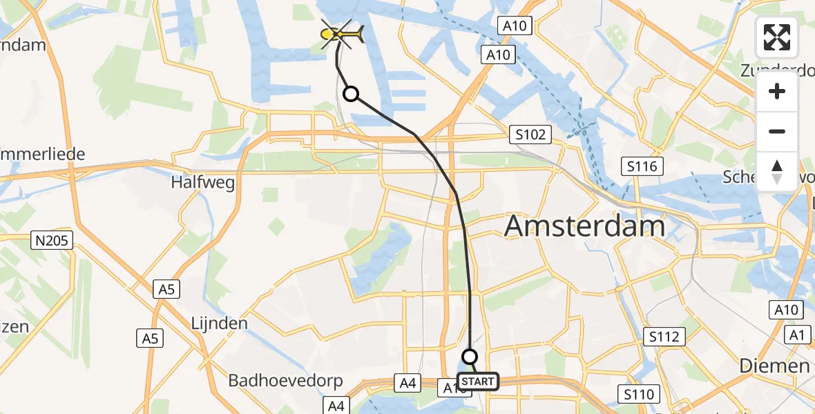 Routekaart van de vlucht: Lifeliner 1 naar Amsterdam Heliport