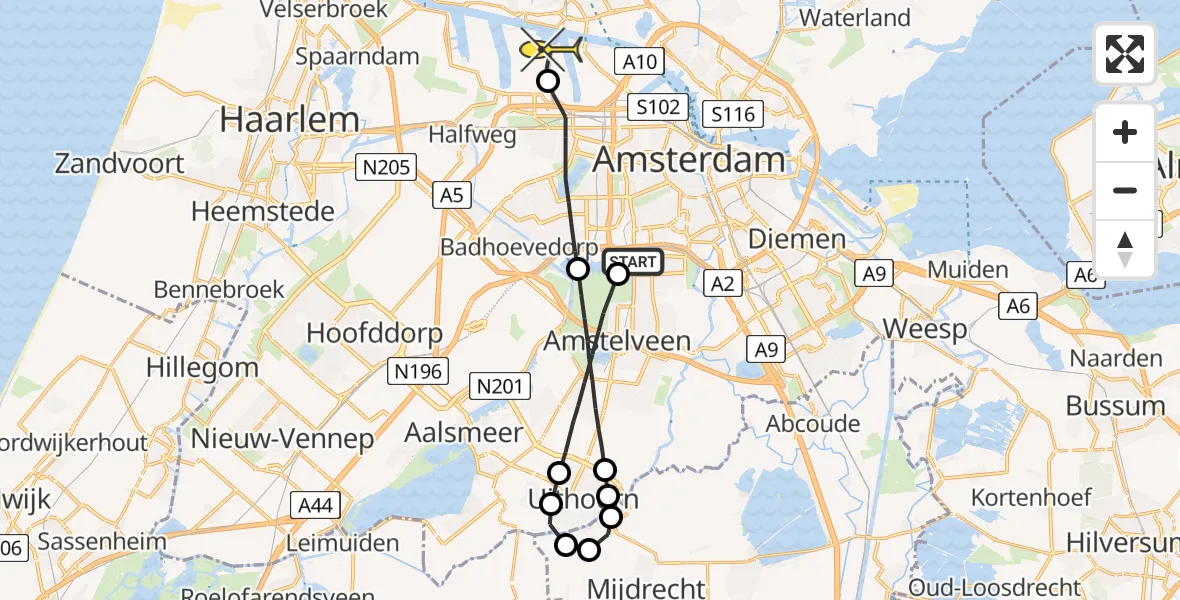 Routekaart van de vlucht: Lifeliner 1 naar Amsterdam Heliport
