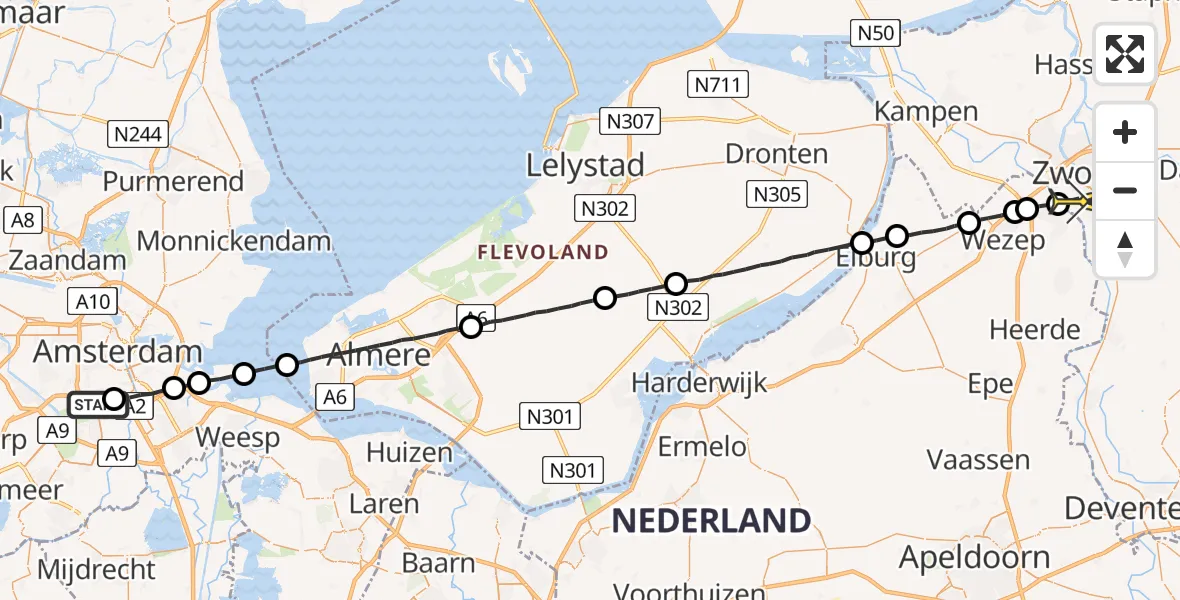 Routekaart van de vlucht: Lifeliner 1 naar Zwolle