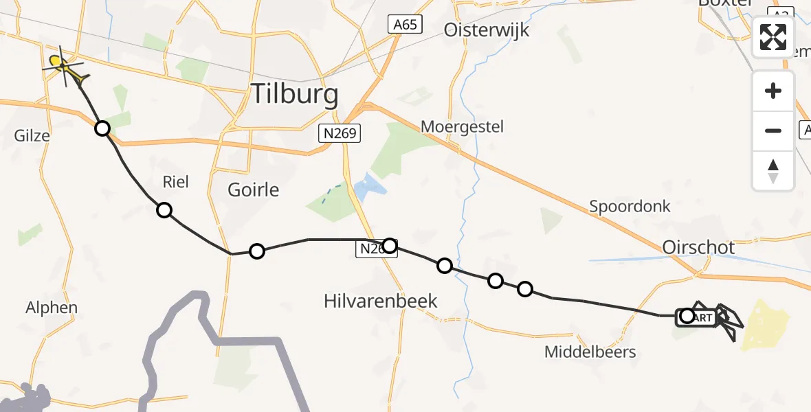 Routekaart van de vlucht: Politieheli naar Tilburg