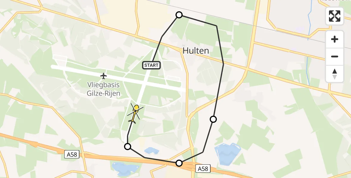 Routekaart van de vlucht: Politieheli naar Vliegbasis Gilze-Rijen