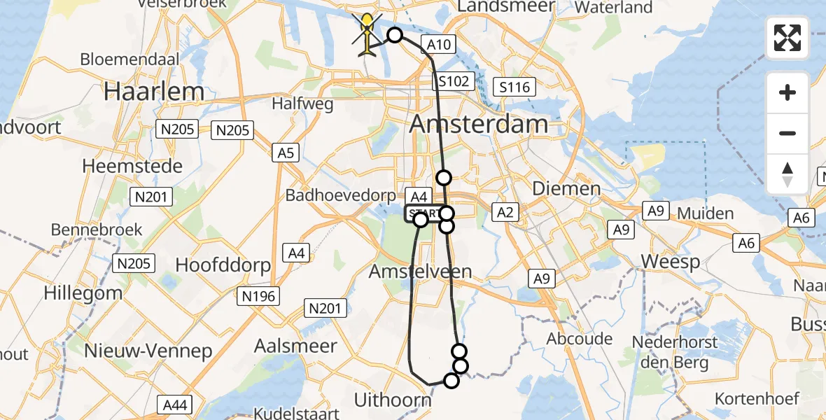 Routekaart van de vlucht: Lifeliner 1 naar Amsterdam Heliport