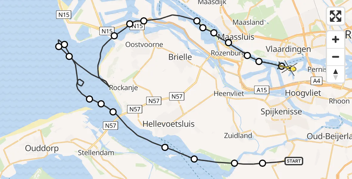 Routekaart van de vlucht: Politieheli naar Vondelingenplaat