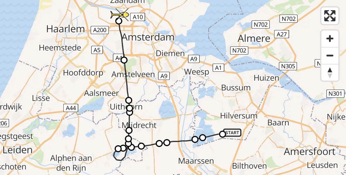 Routekaart van de vlucht: Lifeliner 1 naar Amsterdam Heliport