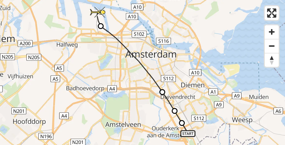 Routekaart van de vlucht: Lifeliner 1 naar Amsterdam Heliport