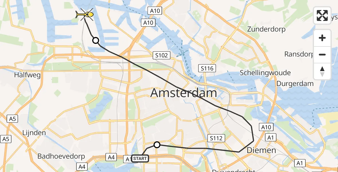 Routekaart van de vlucht: Lifeliner 1 naar Amsterdam Heliport