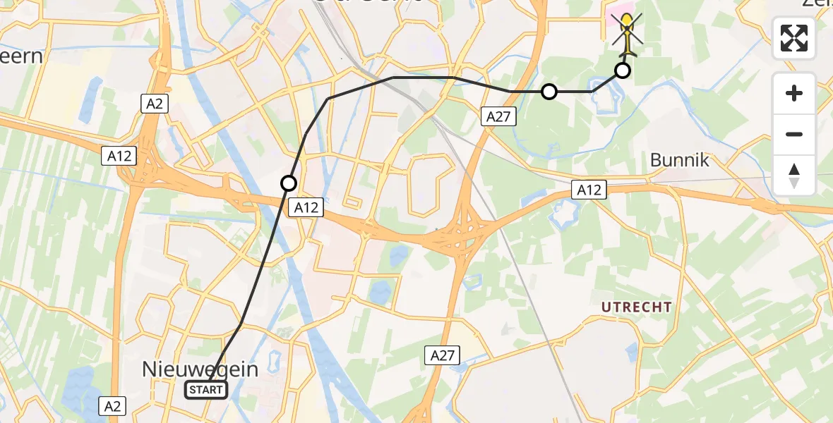 Routekaart van de vlucht: Lifeliner 1 naar Universitair Medisch Centrum Utrecht