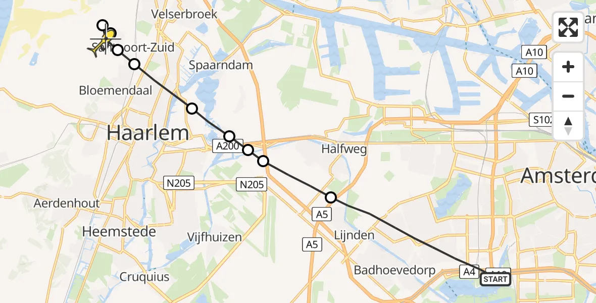 Routekaart van de vlucht: Lifeliner 1 naar Bloemendaal