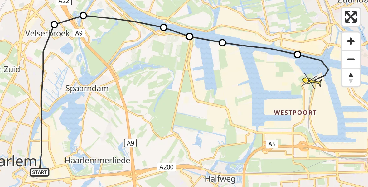 Routekaart van de vlucht: Lifeliner 1 naar Amsterdam Heliport