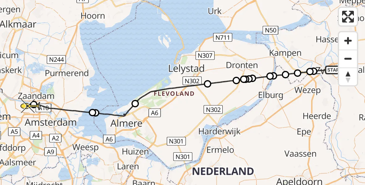 Routekaart van de vlucht: Lifeliner 1 naar Amsterdam Heliport