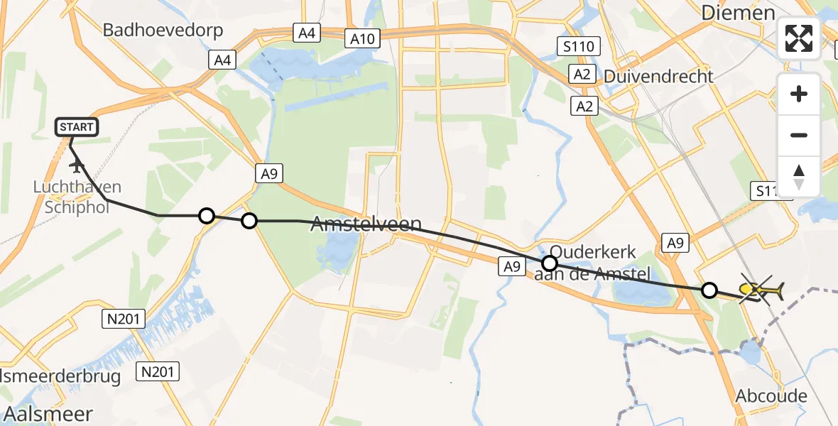 Routekaart van de vlucht: Lifeliner 1 naar Academisch Medisch Centrum (AMC)