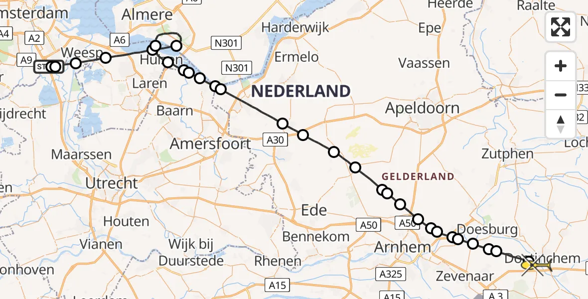 Routekaart van de vlucht: Lifeliner 1 naar Doetinchem