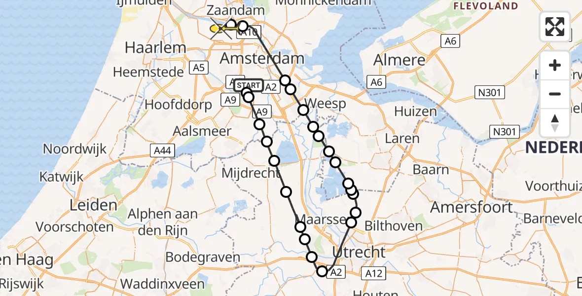 Routekaart van de vlucht: Lifeliner 1 naar Amsterdam Heliport