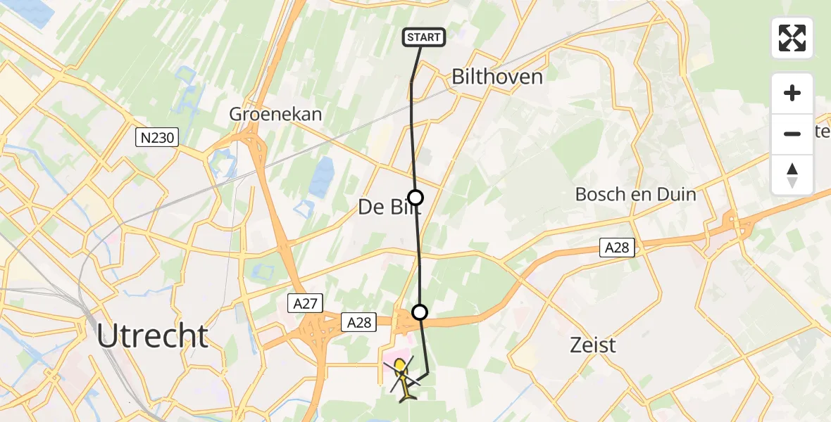 Routekaart van de vlucht: Lifeliner 1 naar Universitair Medisch Centrum Utrecht