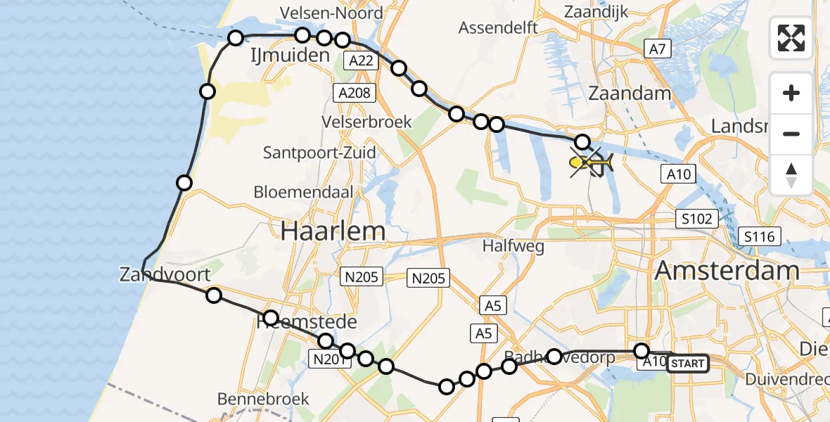Routekaart van de vlucht: Lifeliner 1 naar Amsterdam Heliport