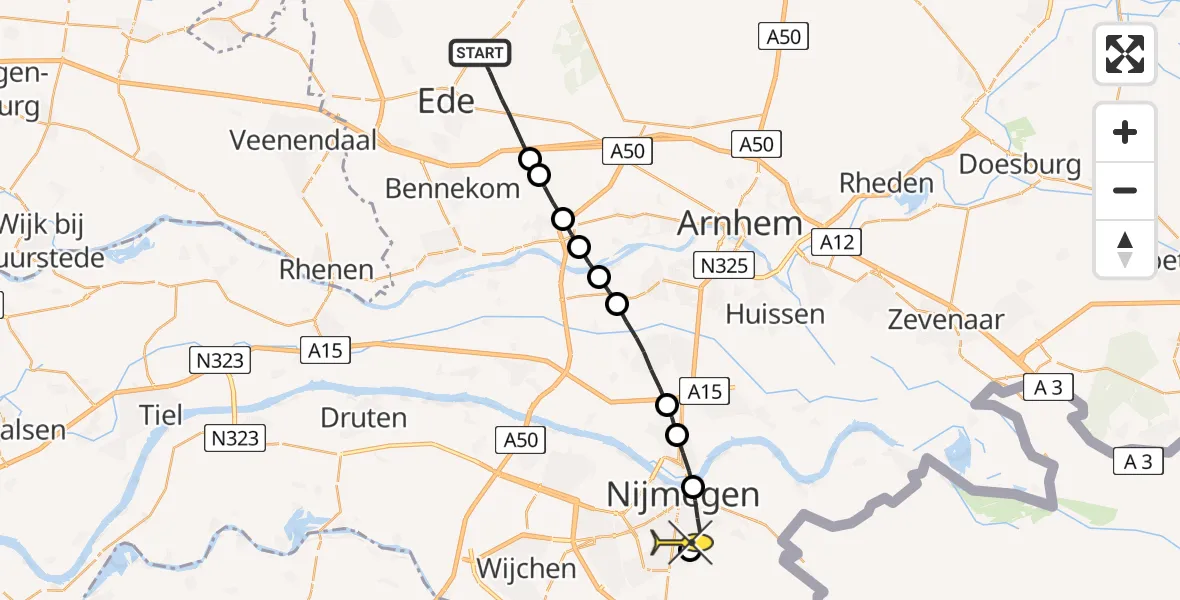 Routekaart van de vlucht: Lifeliner 3 naar Radboud Universitair Medisch Centrum