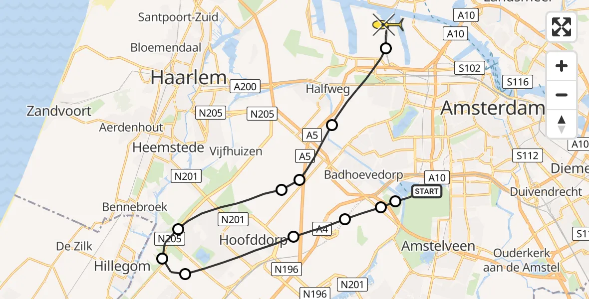 Routekaart van de vlucht: Lifeliner 1 naar Amsterdam Heliport