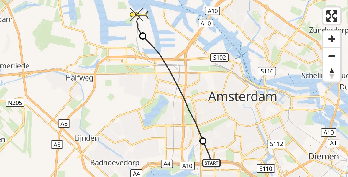 Routekaart van de vlucht: Lifeliner 1 naar Amsterdam Heliport