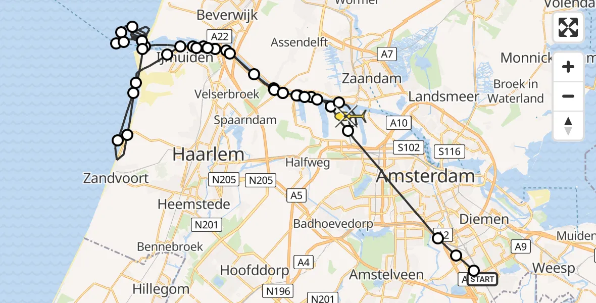 Routekaart van de vlucht: Lifeliner 1 naar Amsterdam Heliport