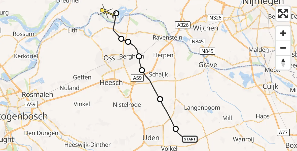 Routekaart van de vlucht: Politieheli naar Maasbommel