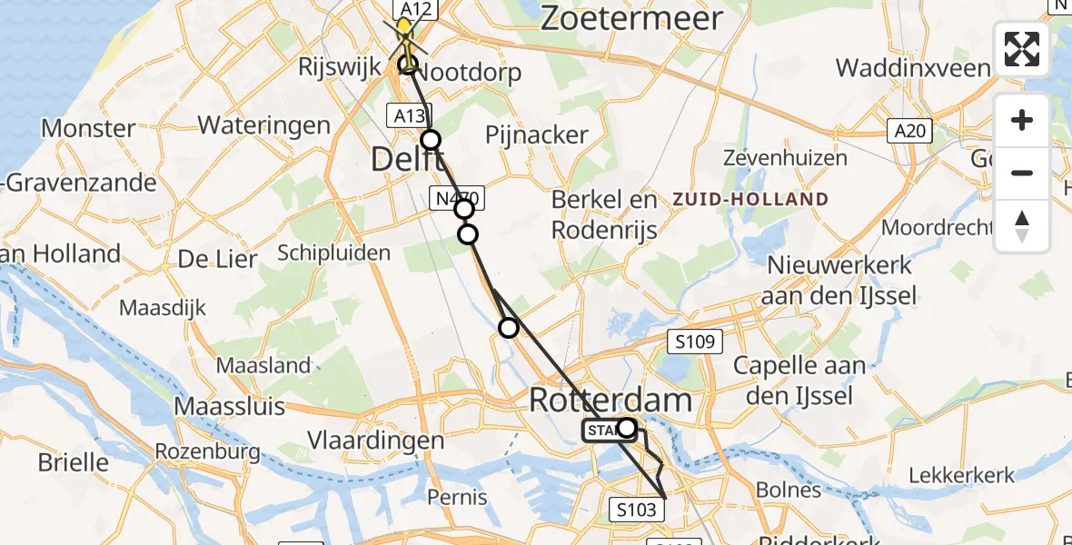 Routekaart van de vlucht: Politieheli naar Den Haag