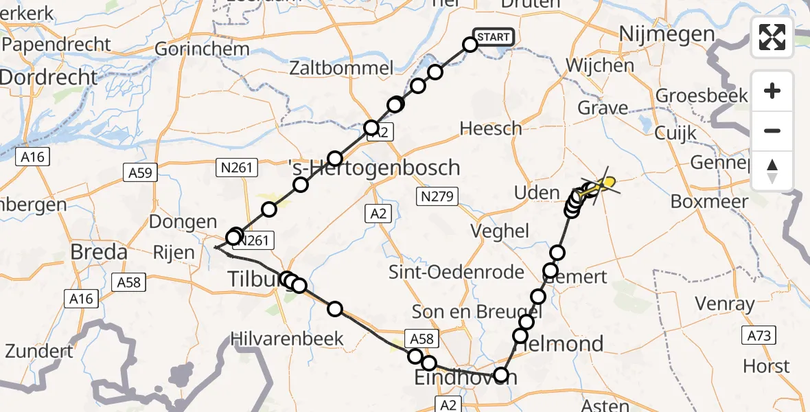 Routekaart van de vlucht: Politiehelikopter naar Volkel