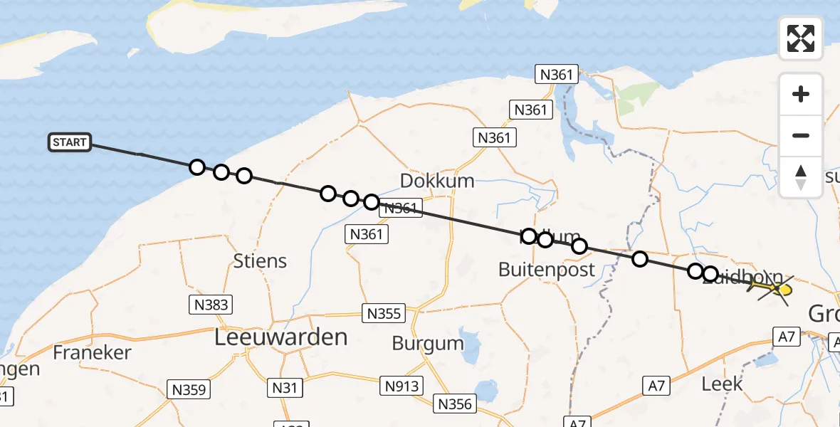 Routekaart van de vlucht: Ambulancehelikopter naar Den Horn