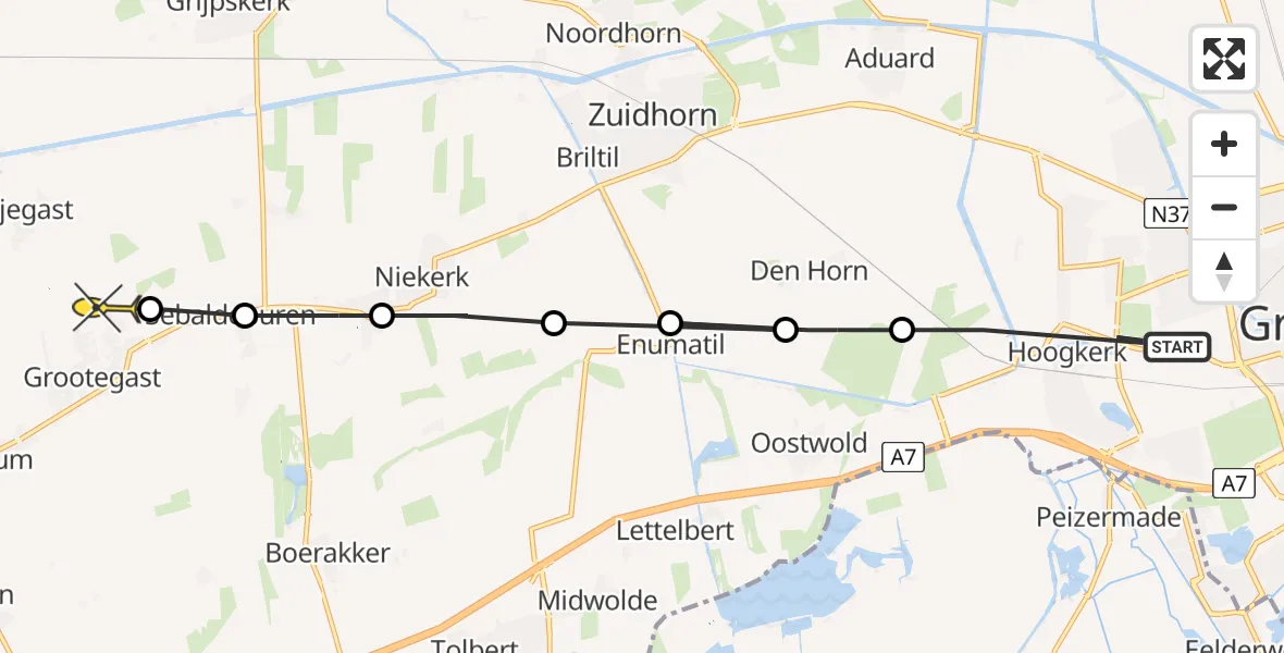 Routekaart van de vlucht: Ambulancehelikopter naar Grootegast