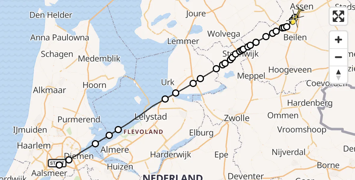 Routekaart van de vlucht: Politieheli naar Assen