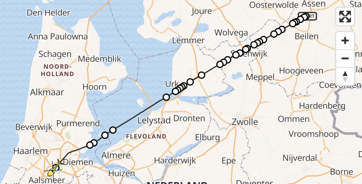 Routekaart van de vlucht: Politieheli naar Schiphol