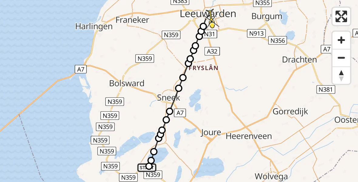 Routekaart van de vlucht: Lifeliner 4 naar Leeuwarden