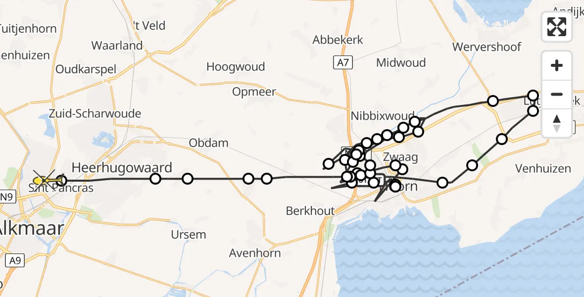 Routekaart van de vlucht: Politieheli naar Alkmaar