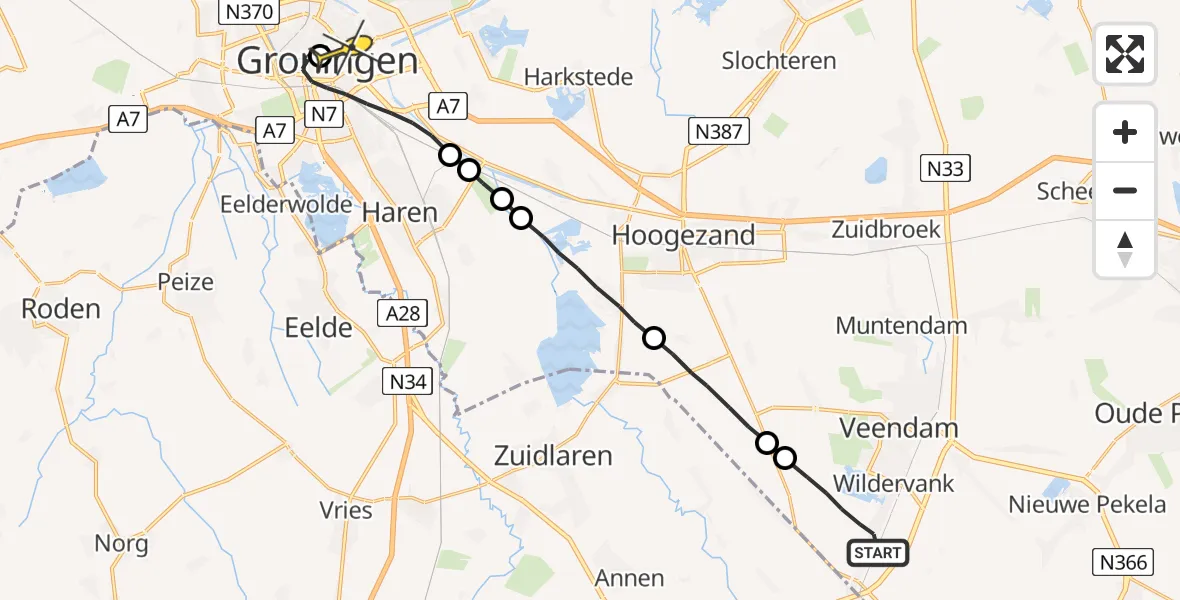 Routekaart van de vlucht: Lifeliner 4 naar Universitair Medisch Centrum Groningen