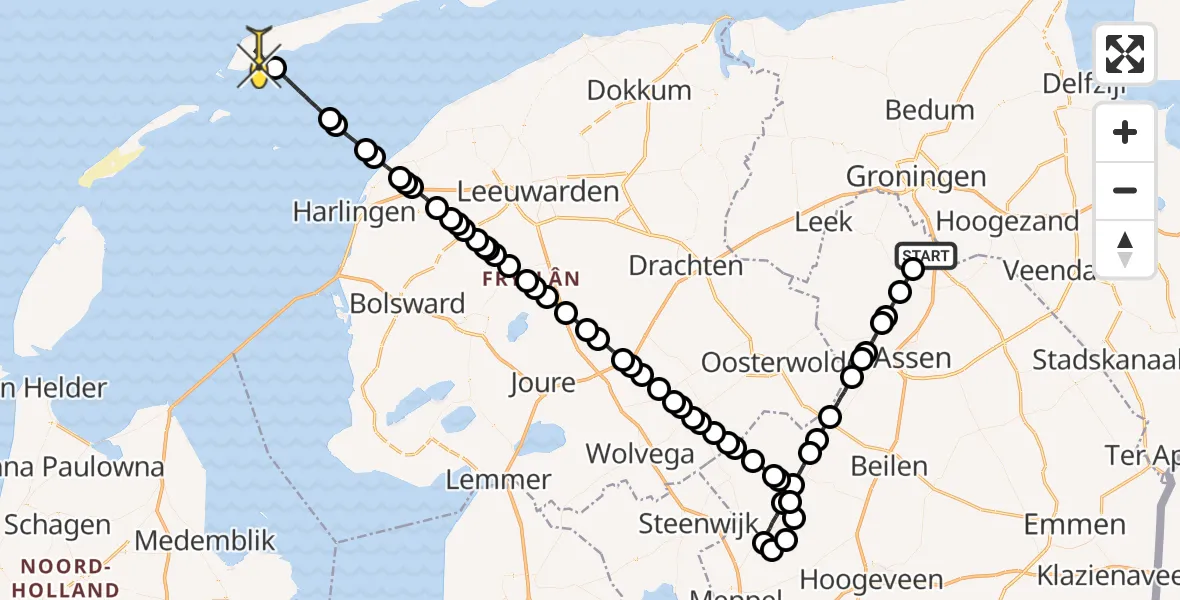 Routekaart van de vlucht: Lifeliner 4 naar West-Terschelling