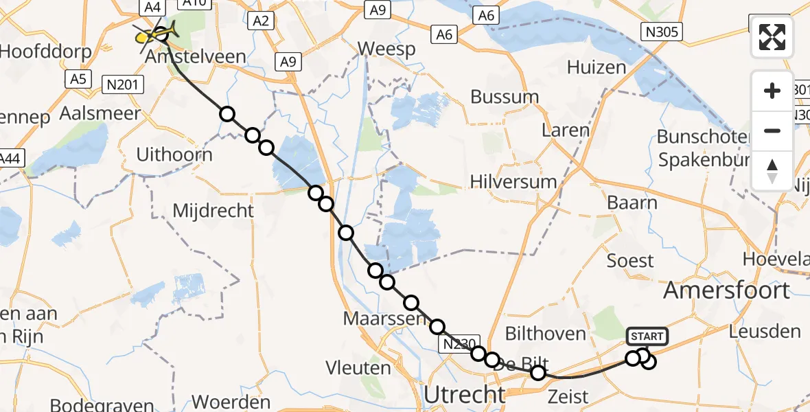 Routekaart van de vlucht: Politieheli naar Schiphol