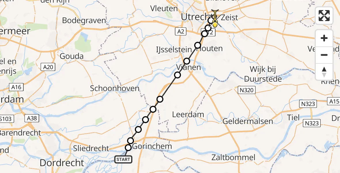 Routekaart van de vlucht: Lifeliner 2 naar Universitair Medisch Centrum Utrecht