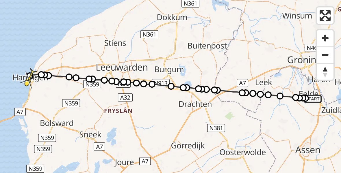 Routekaart van de vlucht: Lifeliner 4 naar Harlingen