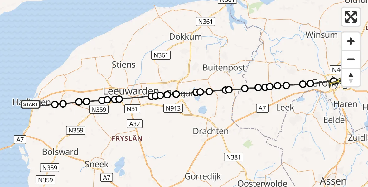 Routekaart van de vlucht: Lifeliner 4 naar Universitair Medisch Centrum Groningen